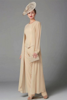 Ivory Beading Floor Length Jewel Long Sleeves Chiffon Mother Dress Jumpsuit_3