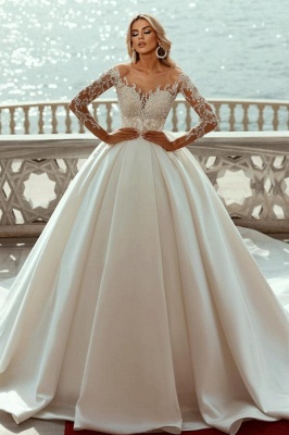 Deluxe Sweetheart Long Sleeves Chapel Train Satin Ball Gown Wedding Dress with Pearls_1