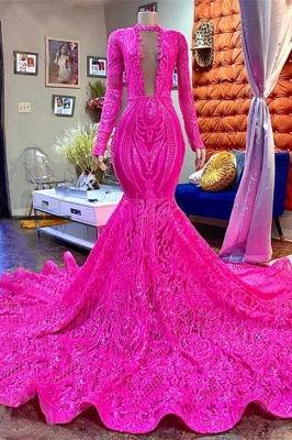 Gorgeous Long sleeves Fuchsia Mermaid sparkle long prom dress_1