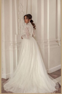 Elegant High Collar Long Sleeves Chapel Train Wedding Dress_3