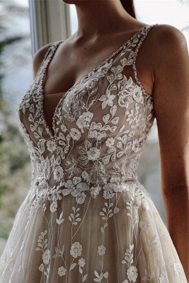 Garden Champagne A-line Floor Length Straps V-neck Wedding Dress_3