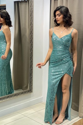 Chic Sequined Spaghetti Straps Floor Length Prom Dress_1