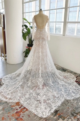 Charming Jewel Long Sleeves Chapel Mermaid Wedding Dress with Train_2