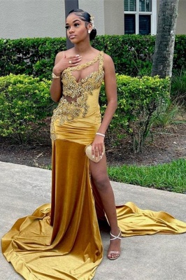 Charming Gold One Shoulder Floor Length Satin Prom Dress with Appliques_1