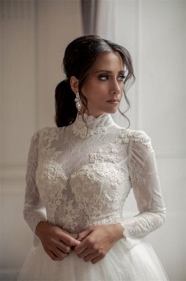 Elegant High Collar Long Sleeves Chapel Train Wedding Dress_2