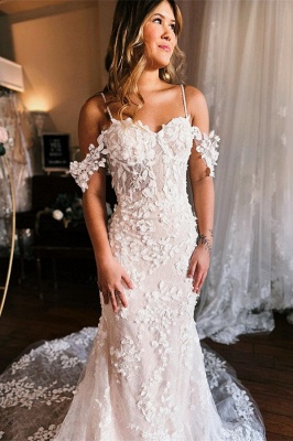 Charming Spaghetti Straps Off the Shoulder A-Line Chapel Train Lace Wedding Dress_2