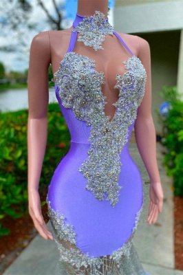 Charming Purple Halter Floor Length Satin Prom Dress with Appliques_2