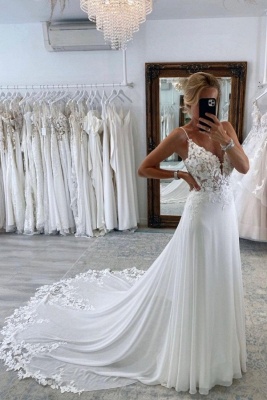 White Floor Length Spaghetti Straps Wedding Dress with Train_1