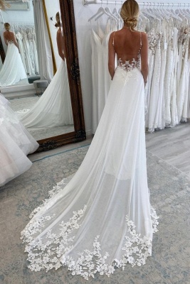 White Floor Length Spaghetti Straps Wedding Dress with Train_2