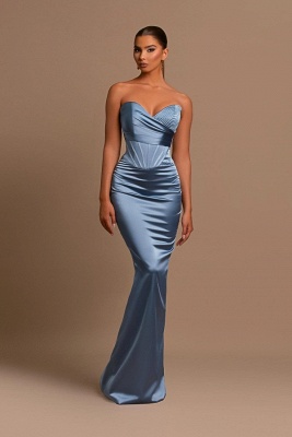 Dusty Blue Strapless Mermaid Floor Length Satin Prom Dress with Ruffles_1