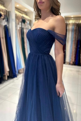 Dark Blue Strapless Off the Shoulder A-Line Tulle Prom Dress_3