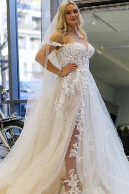 Charming Off the Shoulder A-Line Floor Length Lace Wedding Dress_1