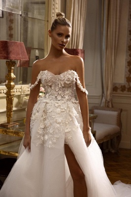 Charming Off the Shoulder Front Slit Chapel Wedding Dress_1