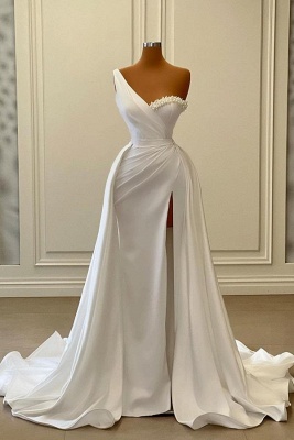 White One Shoulder Asymmetric A-Line Satin Prom Dress_1