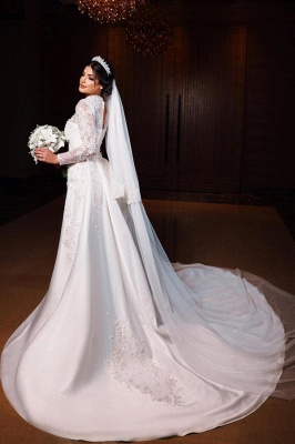 Charming A-Line Jewel Long Sleeves Wedding Dress with Chapel Train_2