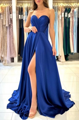 Royal Blue Strapless Floor Length Front Slit Prom Dress with Ruffles_1