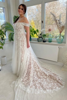 Elegant Champagne Garden Off the Shoulder Floor Length Wedding Dress_1