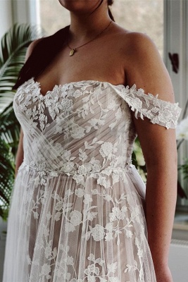 Elegant Champagne Garden Off the Shoulder Floor Length Wedding Dress_4