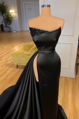 Black Strapless A-Line Front-Slit Satin Prom Dress with Ruffles_2