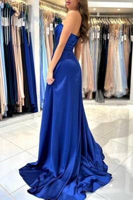 Royal Blue Strapless Floor Length Front Slit Prom Dress with Ruffles_3