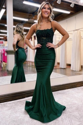 Dark Green Spaghetti Straps Beading Floor Length Prom Dress_1