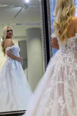 Charming Off the Shoulder A-Line Floor Length Lace Wedding Dress_3