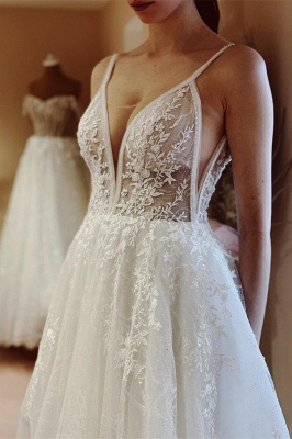 Charming A-Line Floor Length Spaghetti Straps Lace Wedding Dress_2