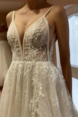 Charming A-Line Floor Length Spaghetti Straps Lace Wedding Dress_4