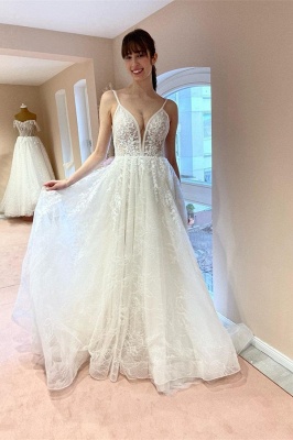 Charming A-Line Floor Length Spaghetti Straps Lace Wedding Dress_1