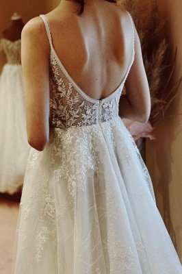 Charming A-Line Floor Length Spaghetti Straps Lace Wedding Dress_3