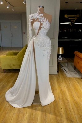 Gorgeous White Asymmetric Floor Length Long Sleeves Prom Dress_1