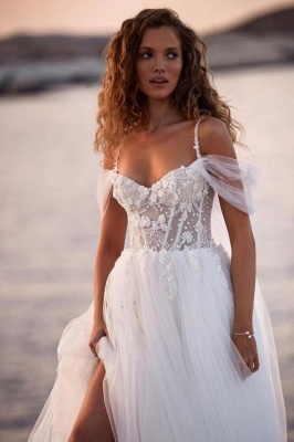 Elegant Off the Shoulder Spaghetti Straps Floor Length Tulle Wedding Dress_2