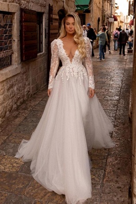 Gorgeous Deep V-Neck Long Sleeves Floor Length Tulle Wedding Dress_1