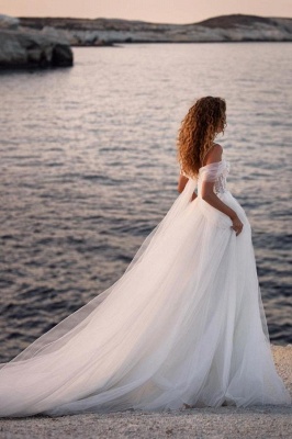 Elegant Off the Shoulder Spaghetti Straps Floor Length Tulle Wedding Dress_3