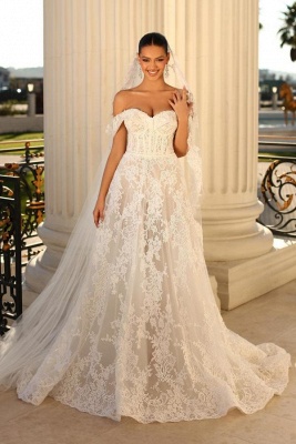 Sleeveless Off the Shoulder A-Line Lace Wedding Dress_1
