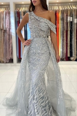Elegant Silver Asymmetric One Shoulder Mermaid Prom Dress_3