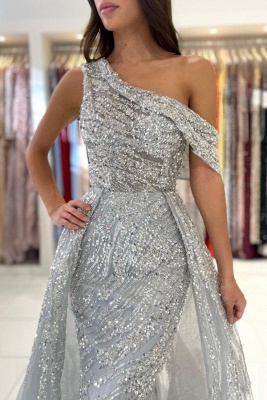 Elegant Silver Asymmetric One Shoulder Mermaid Prom Dress_4