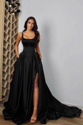 Black Straps Floor Length A-Line Prom Dress Formal Dress_1