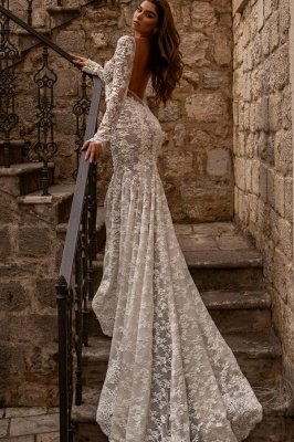 Sweetheart Long Sleeves Mermaid Floor Length Lace Wedding Dress_3
