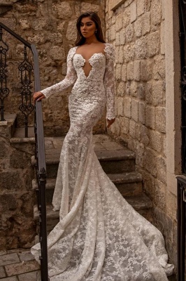 Sweetheart Long Sleeves Mermaid Floor Length Lace Wedding Dress_4