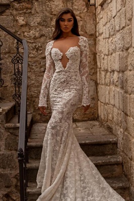 Sweetheart Long Sleeves Mermaid Floor Length Lace Wedding Dress