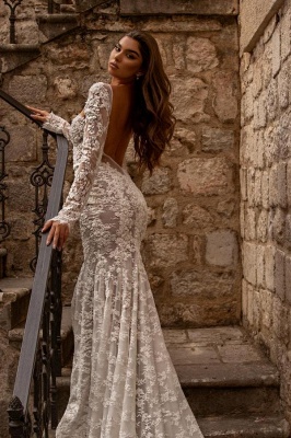 Sweetheart Long Sleeves Mermaid Floor Length Lace Wedding Dress_2