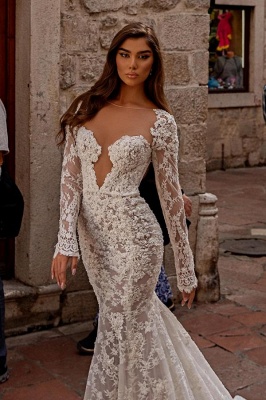 Sweetheart Long Sleeves Mermaid Floor Length Lace Wedding Dress_5