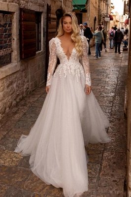 Gorgeous Deep V-Neck Long Sleeves Floor Length Tulle Wedding Dress
