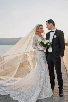 Charming V-Neck Long Sleeves Mermaid Wedding Dress with Train_1