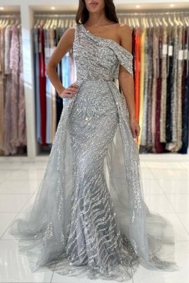 Elegant Silver Asymmetric One Shoulder Mermaid Prom Dress_1
