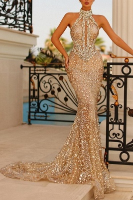 Elegant Long Mermaid Halter Glitter Tulle Formal Prom Dresses_1
