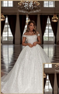 Long Ball Gowns Off the shoulder Glitter Tulle Wedding Dresses