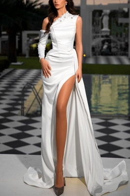 Long Sleeves Mermaid One Shoulder Satine Formal Prom Dresses with Slit_1