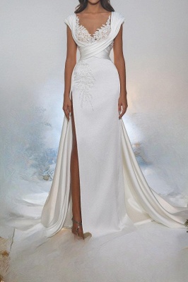 Vintage White Long Mermaid Sweetheart Satin Lace Wedding Dresses with Slit